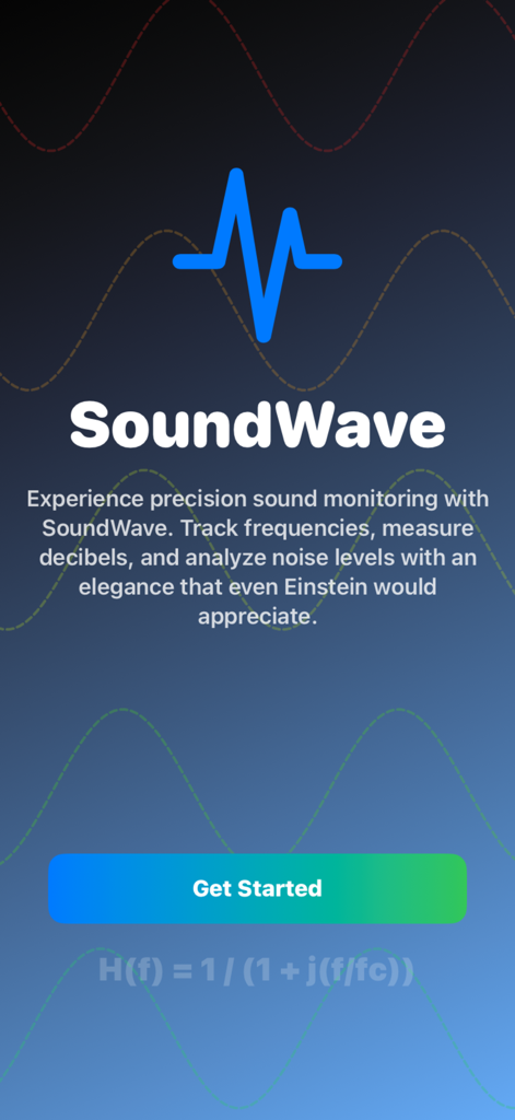 SoundWavesDetector - SoundWave app onboarding screen with a blue wave icon and a get started button