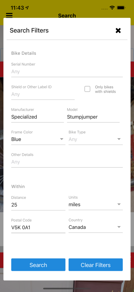 529 Garage - Search filters in the 529 Garage app for finding bikes by manufacturer model and location