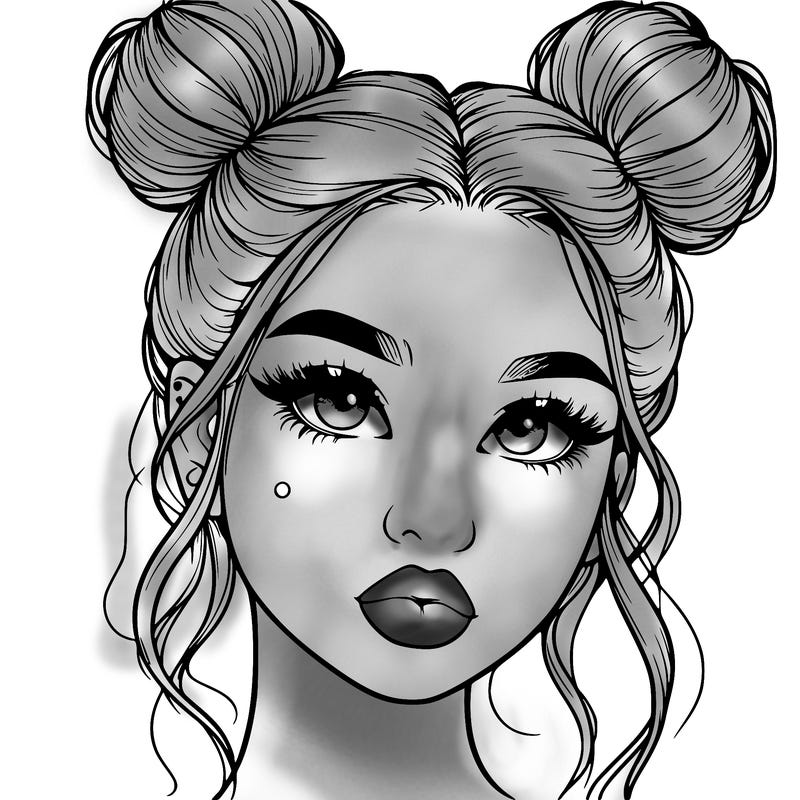 realistic girl with two buns on her hair and lips