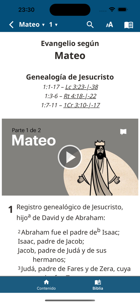 NVI Biblia de Estudio - Interfaz de la aplicación NVI Biblia de Estudio mostrando el Evangelio de Mateo con un reproductor de video y texto de genealogía
