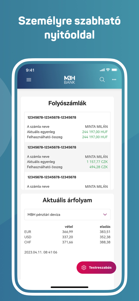 Pantalla de inicio de la aplicación de banca corporativa MBH Vallalati que muestra los saldos de las cuentas actuales y las tasas de cambio en tiempo real.