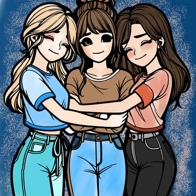 3 realistic girls hugging