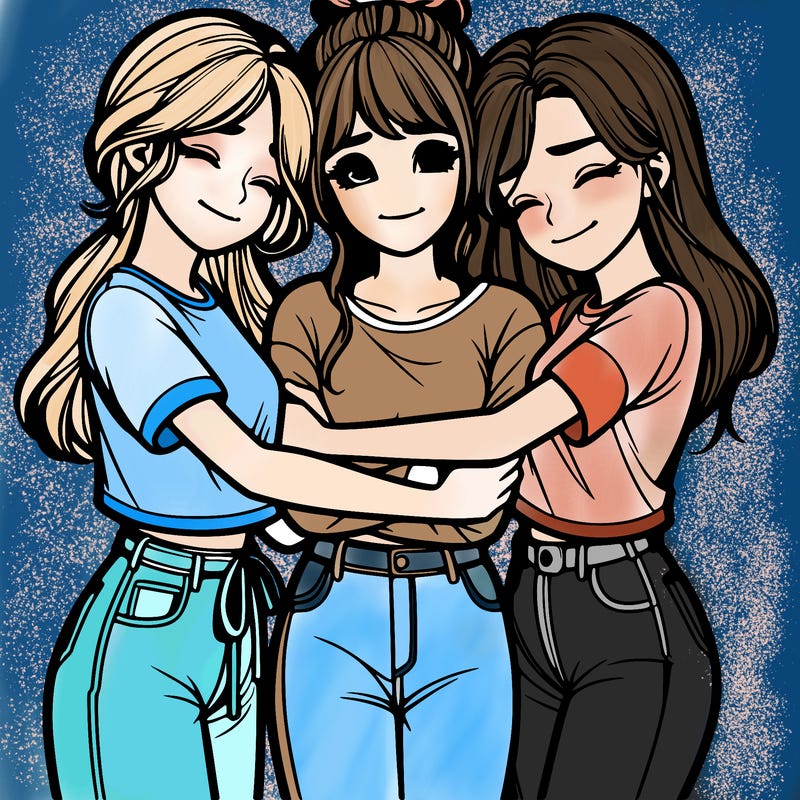 3 realistic girls hugging