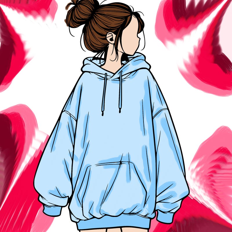 realistic girl with a oversized sweatshirt on and a bun