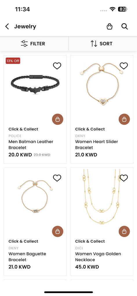 Ontime Online Shopping - Ontimeショッピングアプリのジュエリーセクションに表示されている、さまざまなブレスレットとネックレスの商品グリッド。