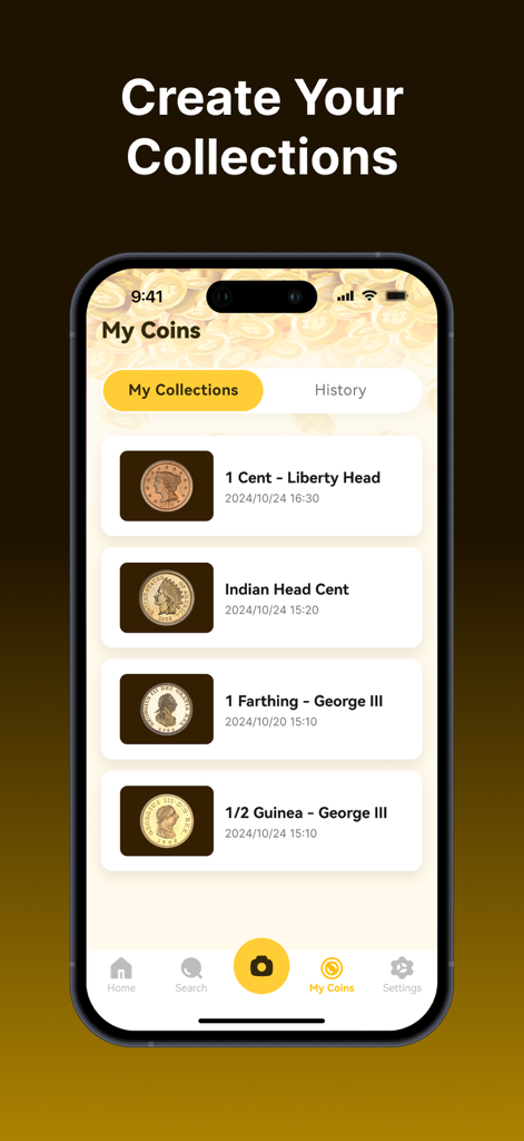Digital coin collection in the Coin Identifier app showing Liberty Head and Indian Head pennies