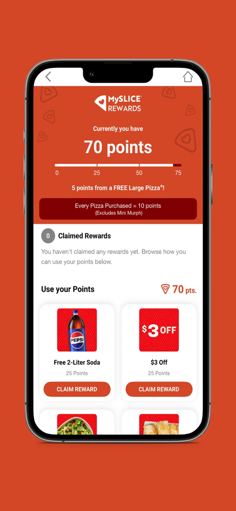 Tela MySlice Rewards do Papa Murphys mostrando saldo de pontos e opções de recompensa disponíveis
