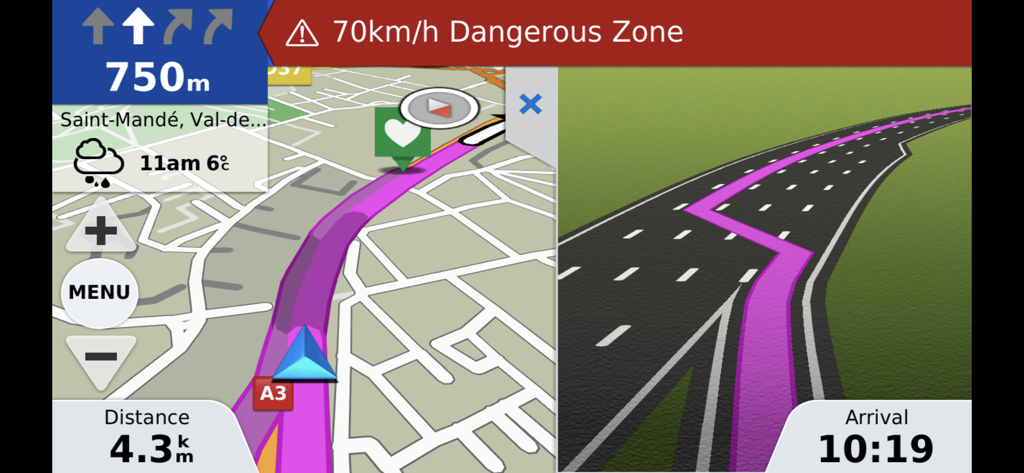 Garmin Motorize Navigationsbildschirm mit einer 3D-Kartenroute und einer roten Fahrerwarnung für eine gefährliche Zone