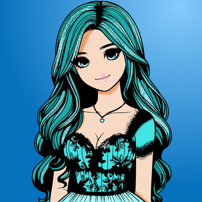 realistic girl with long hair and pretty prom dress