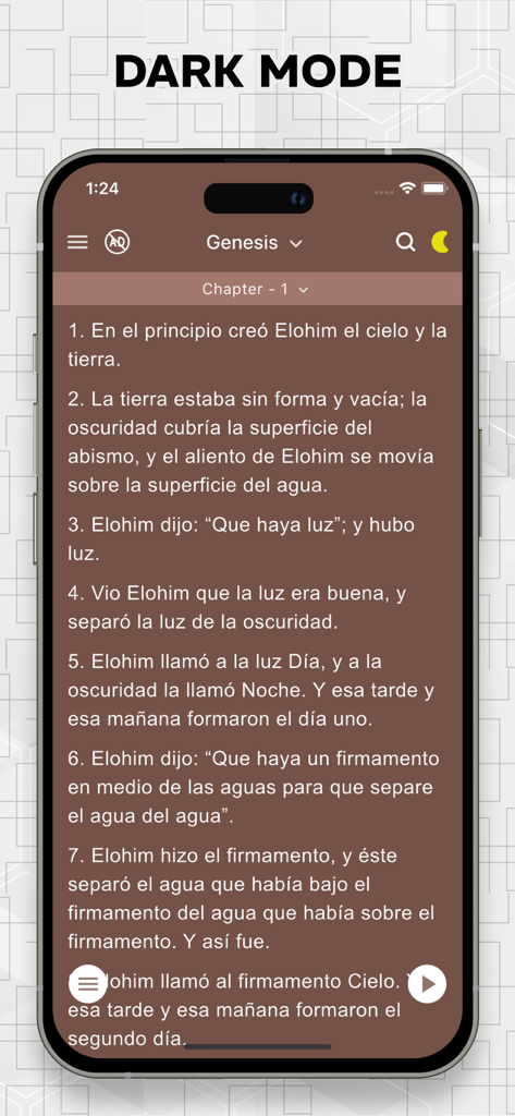Biblia Israelita Nazarena, VIN - Biblia Israelita Nazarena app interface showing dark mode reading view of Genesis chapter one in Spanish