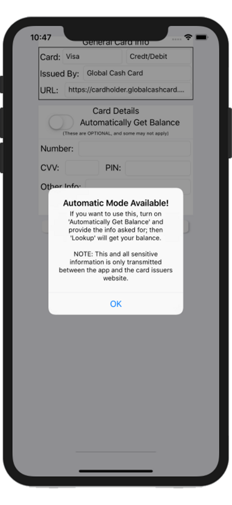 Prepaid Credit Card Balances - Pantalla de la aplicación que muestra una notificación de recuperación automática de saldo para una tarjeta Visa.