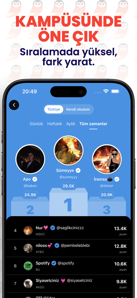Una pantalla de aplicación móvil que muestra una tabla de clasificación del campus con clasificaciones de estudiantes en un podio.
