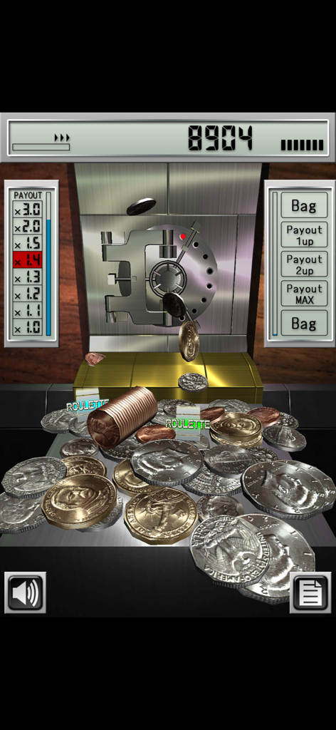 Gameplay screenshot of Money Pusher USD showing realistic US coins and a large metal bank vault.