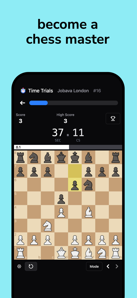 Chessreps - Master Openings - Chessreps mobile app interface showing a time trial mode for practicing the Jobava London chess opening