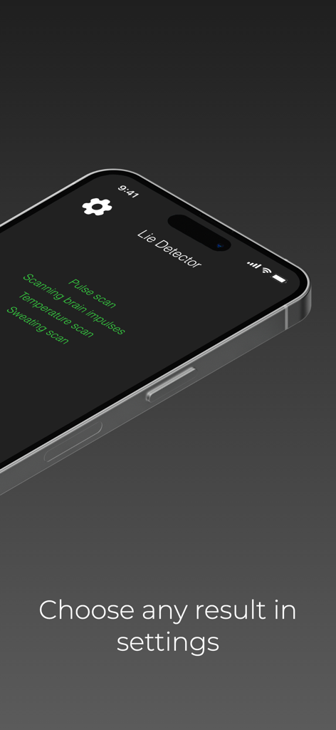 Lie Detector Test - Polygraph - Écran de smartphone de l'application Détecteur de mensonges montrant divers modes de scan et du texte sur le choix des résultats dans les paramètres