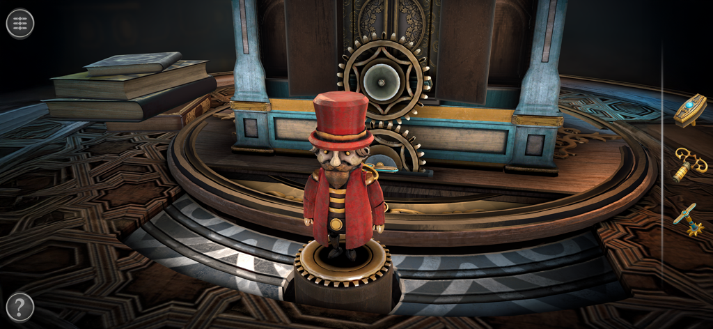 Boxes: Lost Fragments - Eine kleine mechanische Figur in einem roten Mantel und Zylinder auf einer Zahnradplattform in einer Rätselkiste stehend