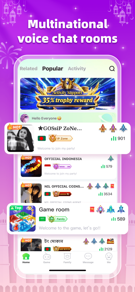 Farah-Chat & Games & Family - Farah app interface showing a list of popular multinational voice chat rooms and social games