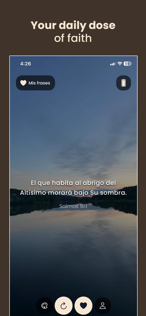 KeepFaith - Daily Bible verses - KeepFaith app displaying a Spanish Bible verse over a peaceful lake landscape