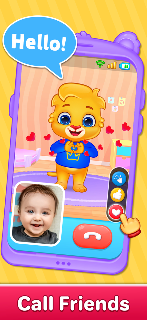 A simulated video call screen on a toy phone featuring a cartoon lion and a happy baby photo with interactive emoji buttons