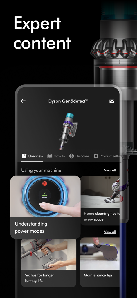 L'interface de l'application MyDyson affiche des conseils d'entretien et des guides sur les modes de puissance de l'aspirateur Dyson Gen5detect.