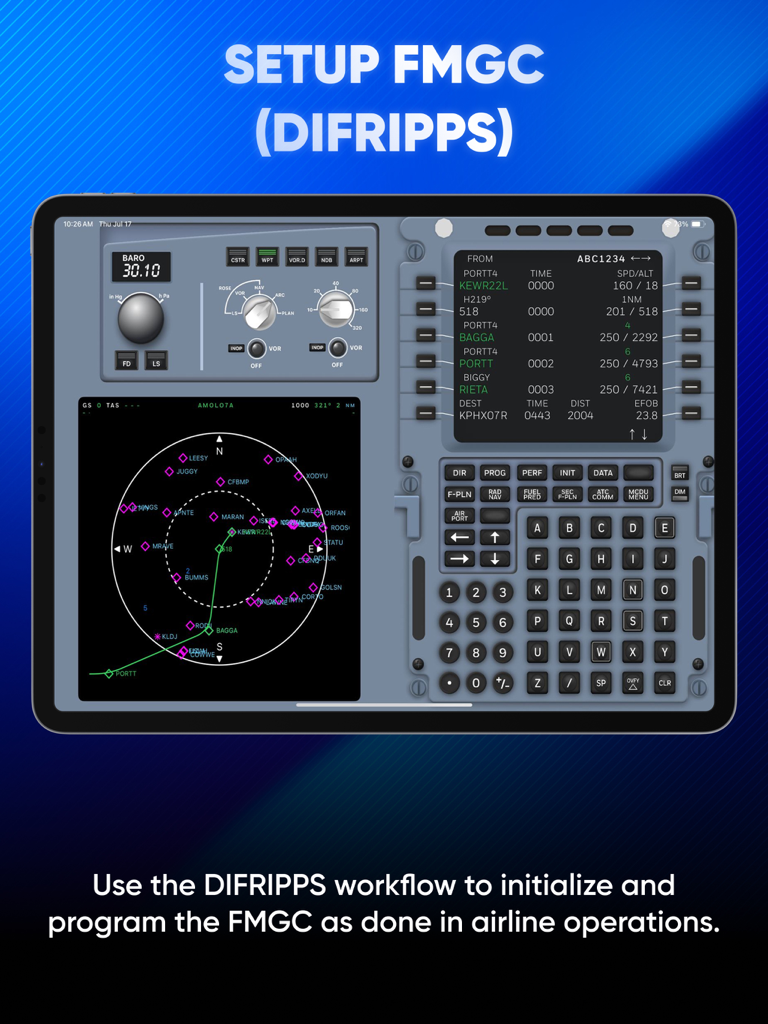 Simulador Airbus A320 FMS que muestra el flujo de trabajo DIFRIPPS para la configuración FMGC en un iPad