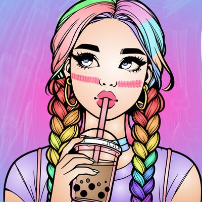 realistic girl with braided hair drinking boba