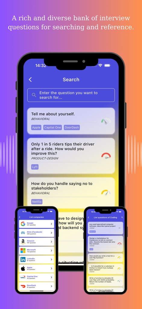 AI Interview Coach - Pantalla del Entrenador de Entrevistas IA que muestra una barra de búsqueda y una lista de preguntas de entrevista de las principales empresas tecnológicas para puestos conductuales y técnicos