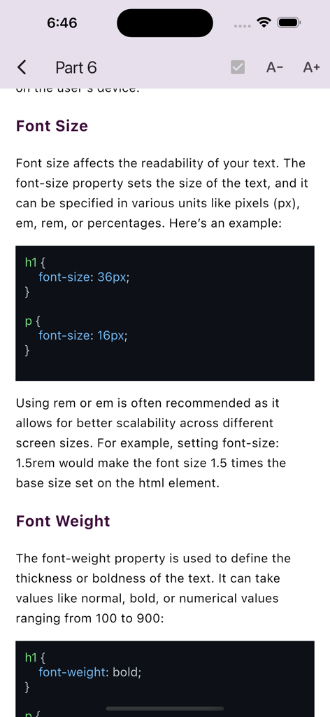 HTML & CSS For Beginners 2024 - Una lezione di stile CSS sulla dimensione dei caratteri e sulle proprietà del peso dei caratteri con frammenti di codice