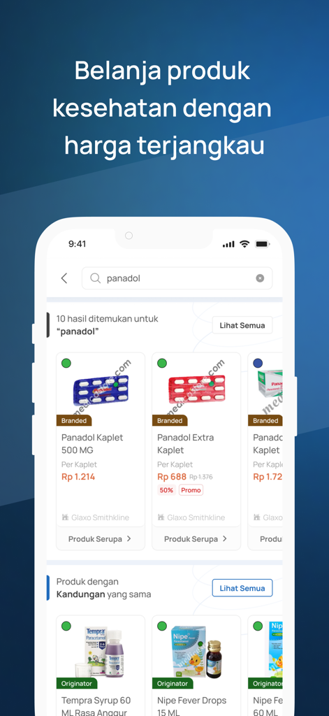 Medicastore - Medicastore mobile app interface showing search results for Panadol with prices in Indonesian Rupiah