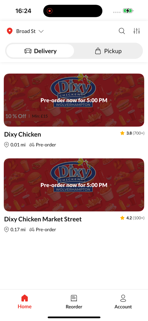 Dixy Chicken Online - The Dixy Chicken app home screen listing nearby restaurants for delivery and pickup