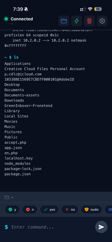 Una interfaz de terminal móvil en un iPhone mostrando una lista de archivos y directorios de Mac después de ejecutar un comando