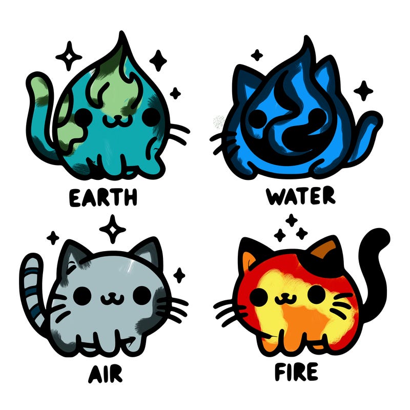 4 cats that represent the different elements, earth, water, air, and fire