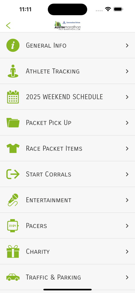 Austin Marathon® - Main menu of the Austin Marathon app displaying options for athlete tracking, weekend schedule, and race information.