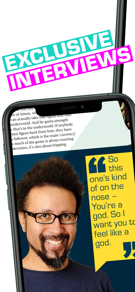 A mobile screen showing an exclusive game designer interview in the Tabletop Gaming magazine app