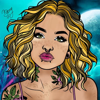 realistic woman with septum piercing and wavy hair and tattoos