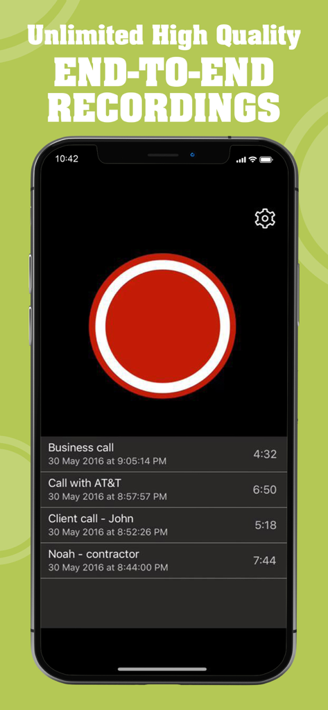 Mobile app interface showing call recording history and a record button