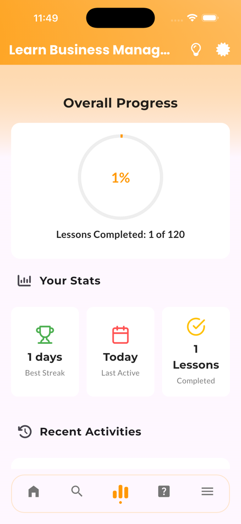 Learn Business Management - Progress dashboard of the Learn Business Management app showing overall progress and learning statistics.
