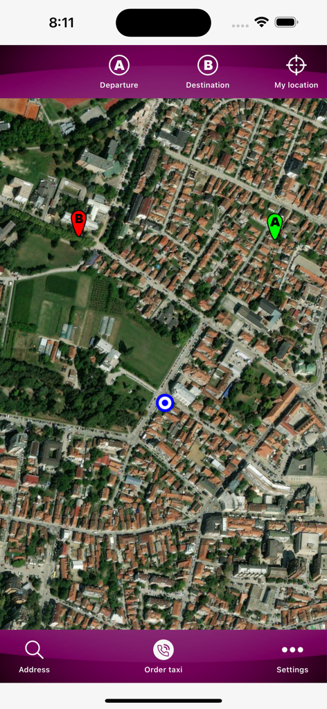 Profi Taxi Vrnjacka Banja - Pantalla de la aplicación Profi Taxi que muestra un mapa satelital con marcadores de salida y destino