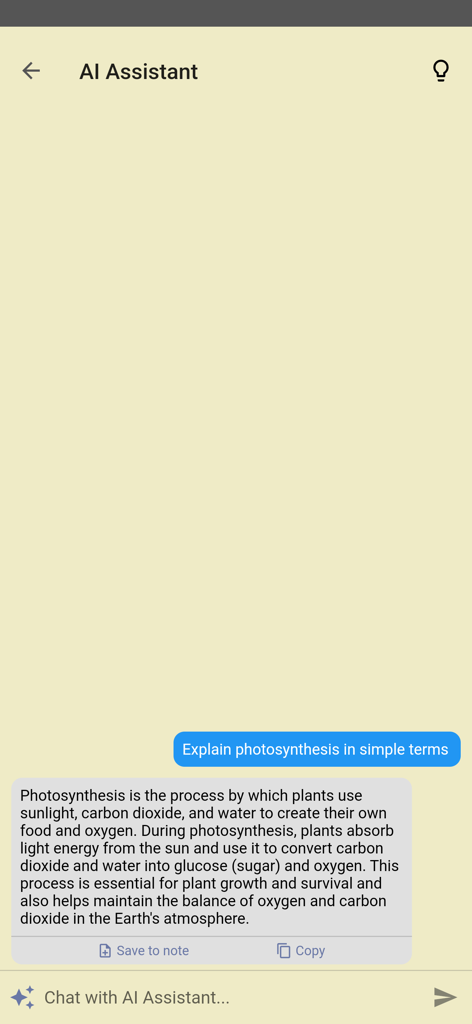 Fonctionnalité d'assistant IA dans Inkpad Notepad répondant à une question dans une interface de chat simple