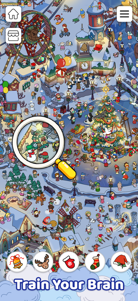 Um nível festivo de caça ao tesouro de inverno no jogo Objetos Escondidos Encontre apresentando uma ferramenta de zoom com lupa e um tema de Natal.