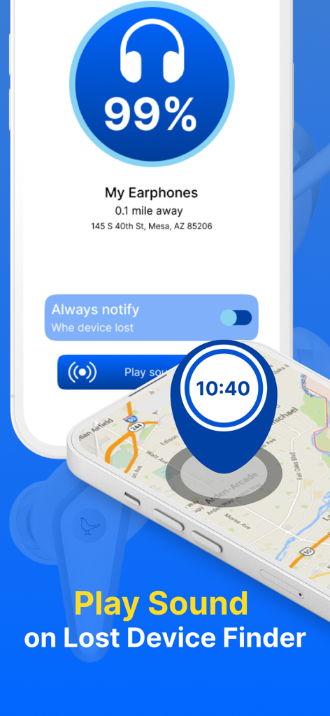 Bluetooth Finder : Ble Scanner - Mobile app interface showing a map and a proximity meter to find lost Bluetooth earphones