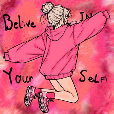 realistic girl jumping with a bun and oversized sweatshirt