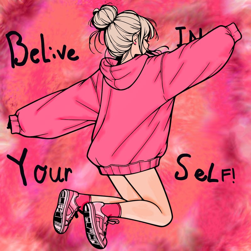 realistic girl jumping with a bun and oversized sweatshirt