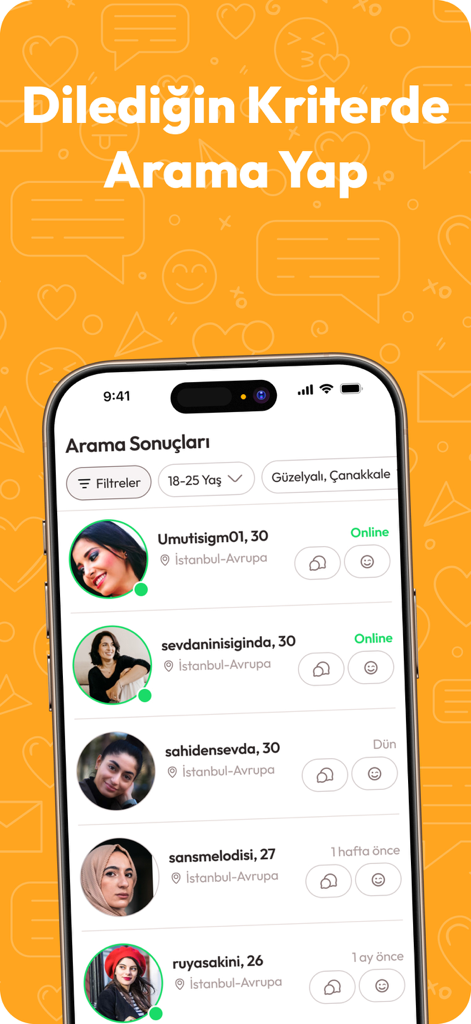 Siberalem: Arkadaşlık & Sohbet - Search results screen on the Siberalem dating app showing user profiles and advanced filtering options for serious relationships.