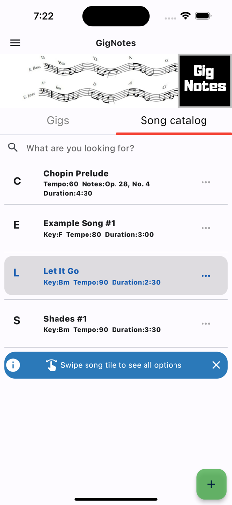 GigNotes – Setlists & Sheets - Interface of GigNotes app displaying a searchable song catalog with titles and musical metadata