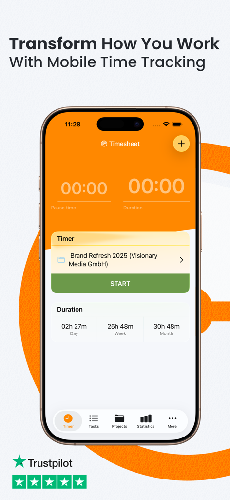 iPhone screen showing the Timesheet IO app timer interface for professional work hour tracking