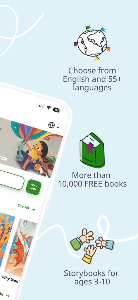 Let's Read - Digital Library - Features of Let's Read digital library app showing over 55 languages and 10,000 free books for kids.