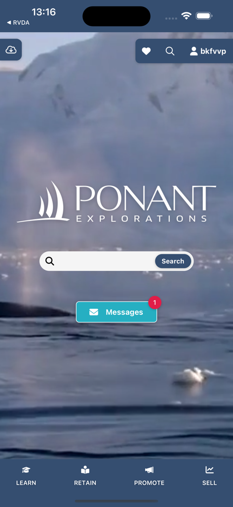 PONANT Explorer - Ponant Explorer app home screen for travel advisors showing navigation for learning and selling luxury cruises