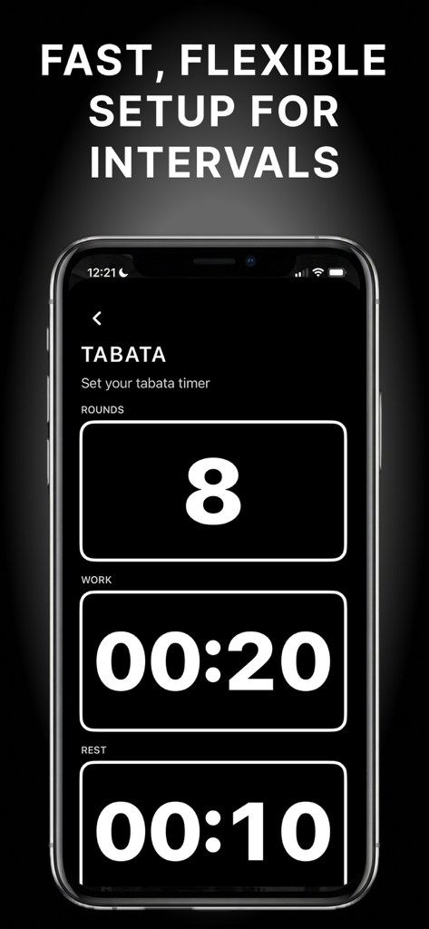 The WOD Timer - The WOD Timer app interface showing the setup screen for a Tabata workout with customizable rounds work and rest intervals
