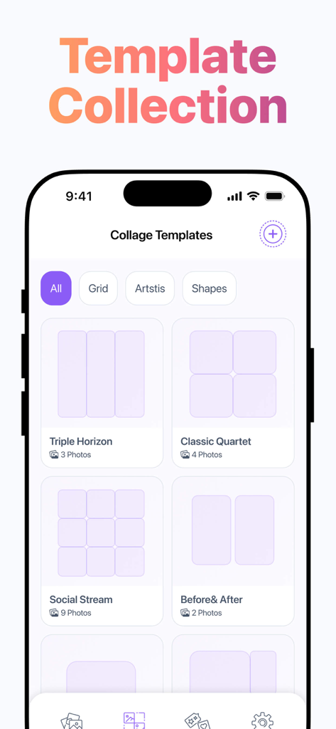 Layout for Instagram + - Pantalla de selección de plantillas de collage de fotos en la aplicación Layout for Instagram plus.